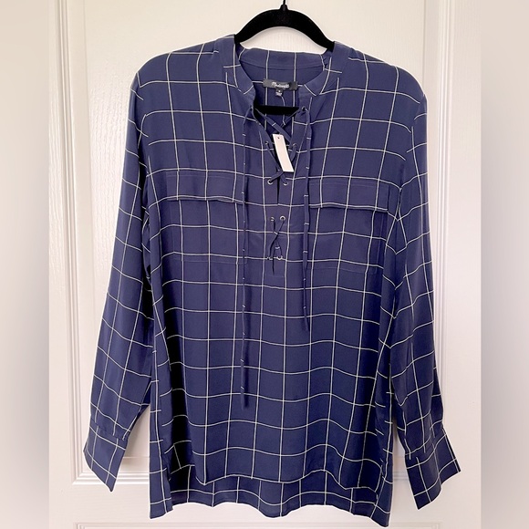 NWT Madewell Silk Lace-Up Shirt Windowpane Plaid Navy Blue Size M - Picture 7 of 8